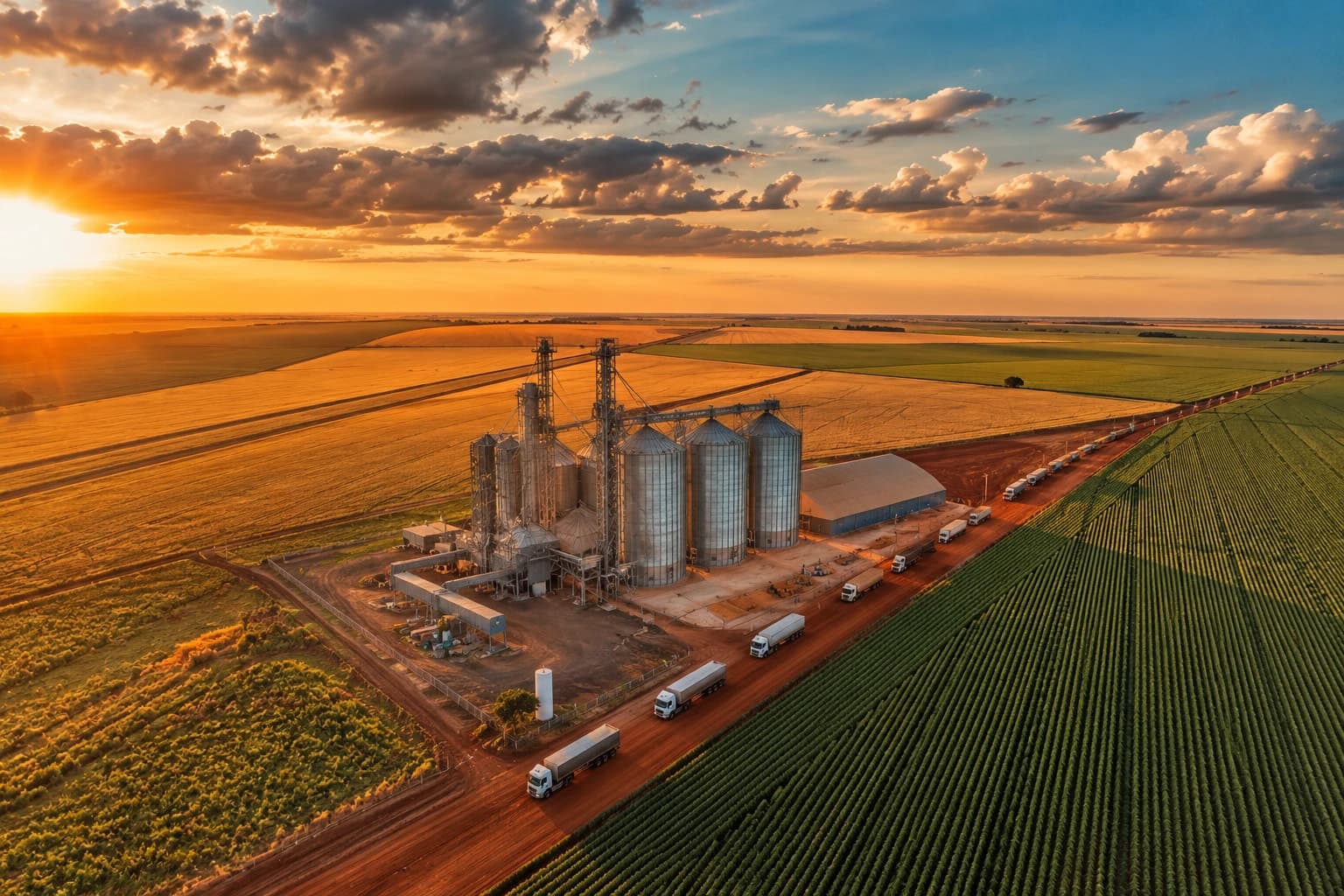 Vista aérea de silos de armazenagem e plantação ao entardecer